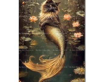 Balinese Mermaid Cat Art Print - Pond Cat Poster, Cute Fantasy Decor, Animal Picture, Cottagecore Lake Cat, Whimsical Weird Art