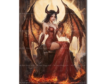 Demon Queen Art Print - Gothic Fantasy Poster, Dark Academia Woman Poster, Lilith Picture, Witchy Pagan Occult Wall Decor