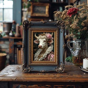 May include: A framed portrait of a white cow wearing a pink and white dress and a flower crown. The frame is dark blue with gold accents.
