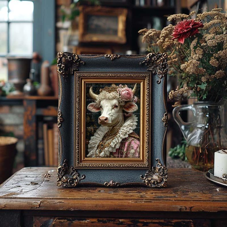 May include: A framed portrait of a white cow wearing a pink and white dress and a flower crown. The frame is dark blue with gold accents.