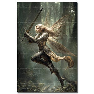 Warrior Fairy Art Print - Fantasy Fairytale Poster, Whimsical Fae Home Decor, Lady Knight Picture, Mystical Moody Game Room Decor