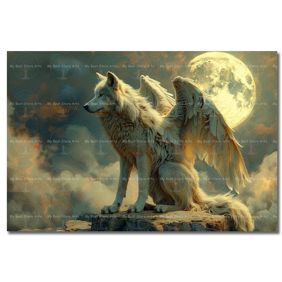 The Winged Wolf Art Print - Fantasy Decor, Snow Wolf and Moon ...