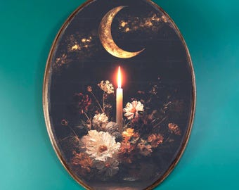 Crescent Moon Candle Wooden Decor- Vintage Style Wood Plaque, Witchy Floral Altar Wall Art, Celestial Dark Cottagecore Oval Wall Decor