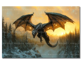 Winter Dragon Art Print - Fantasy Poster, Gothic Dark Academia Picture, Fairytale Wall Art, Game Room Decor, Flying Dragon Home Decor