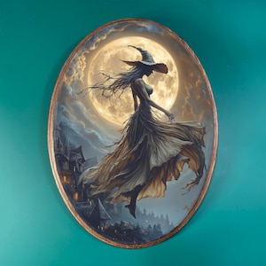 Flying Witch Wooden Decor- Fantasy Gothic Vintage Style Wood Plaque, Dark Academia Halloween Wall Decor, Spooky Occult Oval Art