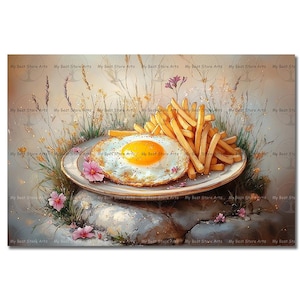 Fried Egg and Fries Art Print - Cute Wall Decor, Dinning Area Picture, Food and Flowers Poster, Cozy Funny Whimsical Art
