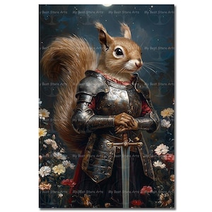 Squirrel Knight Art Print | Fantasy Wall Decor | Funny Fairytale Animal Poster | Cute Medieval Themed Whimsical Gothic Picture