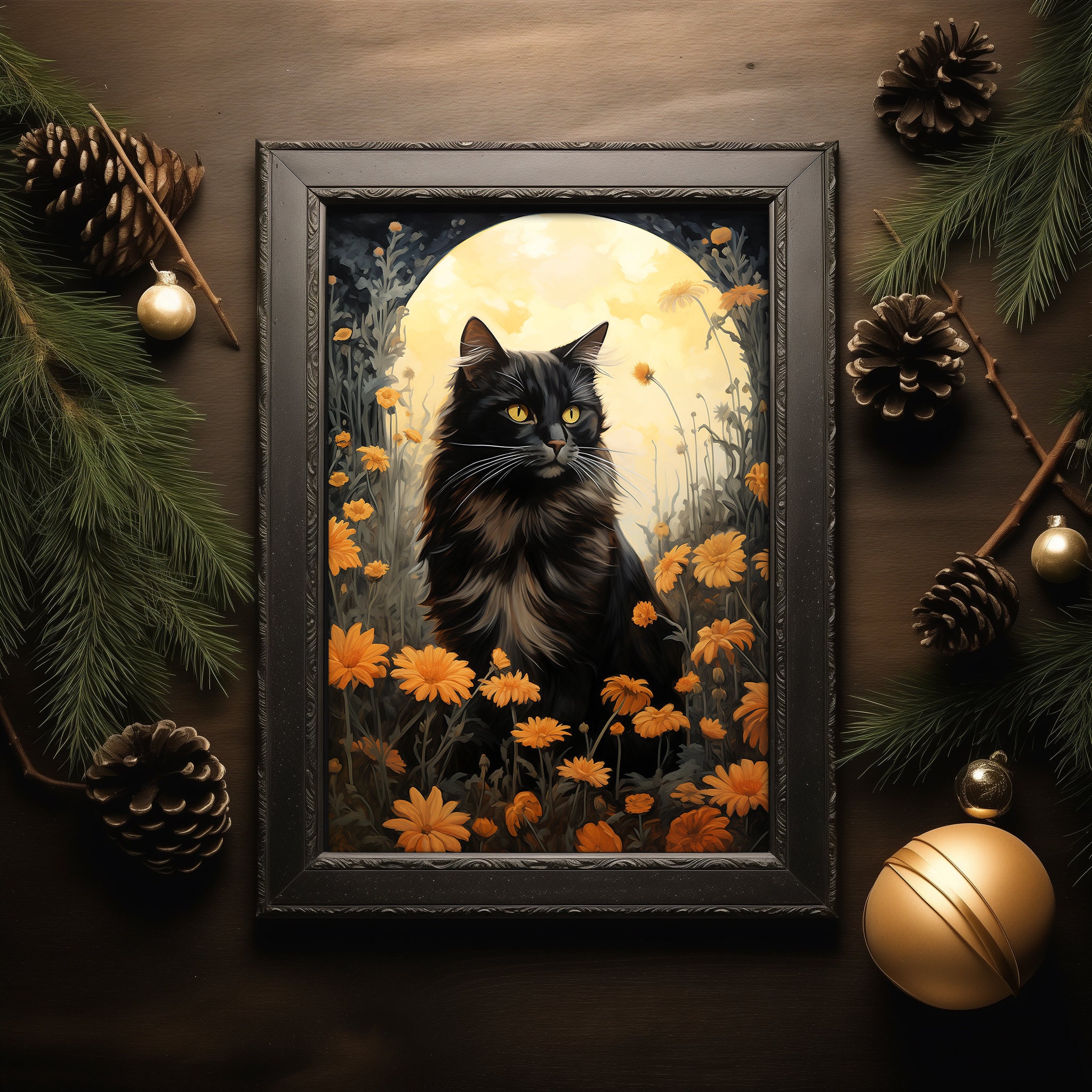 Lunar Flower Cat Art Print Dark Academia Picture, Cottagecore Moon Wall ...