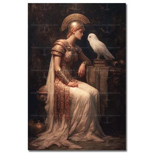 May include: A digital art print depicting a figure wearing a metallic bronze helmet and ornate armor with a long, flowing white skirt. The figure sits beside a stone pedestal where a white owl is perched. The scene features dark, muted tones.