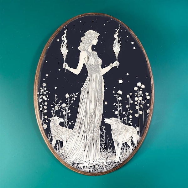 Mystical Hecate Wooden Decor- Witchy Gothic Vintage Style Wood Plaque, Pagan Wall Art, Dark Academia Altar Decor, Witchcraft Goddess Art