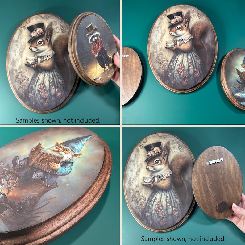May include: Four oval wooden wall plaques with different whimsical illustrations. The plaques feature a squirrel in a hat holding a teacup, a raccoon in a hat playing golf, a gnome reading a book, and a squirrel in a hat holding a teacup. The plaques are all brown wood with a dark brown stain.