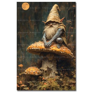 Mischievous Gnome Art Print - Fantasy Cottagecore Picture, Fairy Forest Poster, Whimsical Mushroom Wall Decor