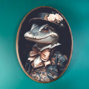 May include: A portrait of an alligator wearing a top hat with a floral embellishment, a bow tie, and a patterned jacket. The alligator is smiling and has a friendly expression.