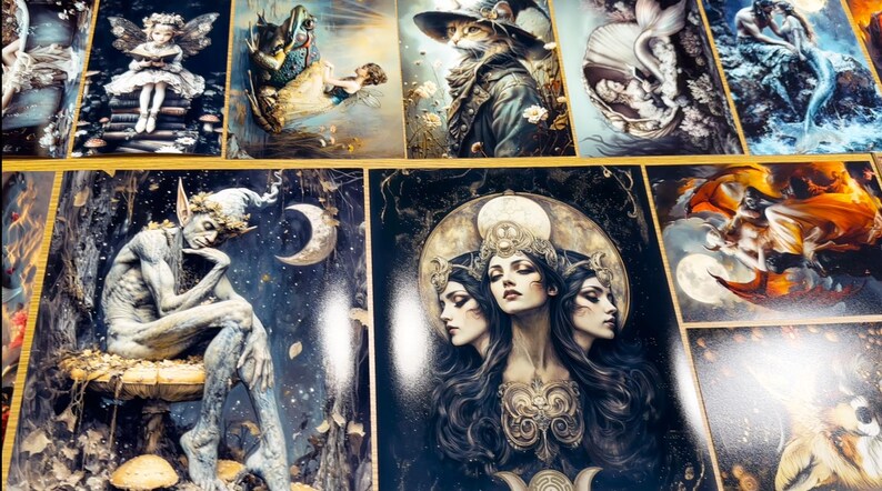 May include: A collection of rectangular art prints featuring fantasy illustrations, including a winged fairy, a cat in a hat, a mermaid, a seated elf on a mushroom, and a triple-faced goddess figure, all displayed in a grid-like arrangement.