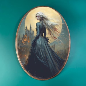 Vampire Lady Wooden Decor- Fantasy Gothic Vintage Style Wood Plaque, Dark Academia Halloween Wall Decor, Spooky Vampiric Oval Art