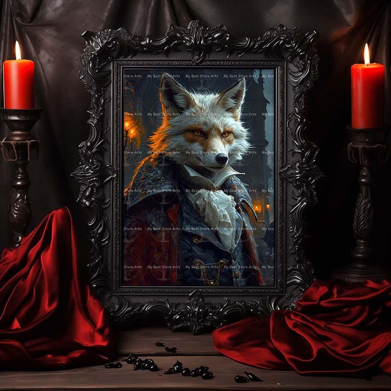 May include: A framed painting of a fox wearing a blue and red suit with a white cravat. The fox has white fur with orange markings around its eyes. The painting is set against a dark background with candles on either side.
