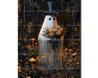 Gentleman Ghost Art Print - Spooky Dark Academia, Halloween Home Decor, Cottagecore Picture, Whimsical Gothic Fairytale, Cute Haunting