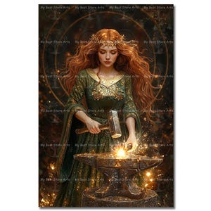 Brigid Forge Goddess Art Print - Folklore Wall Decor, Gothic Celtic Pagan Poster, Fire Nature Goddess, Cottagecore Fantasy Art