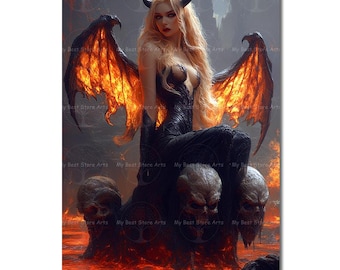 Fiery Lilith Art Print - Gothic Fantasy Poster, Dark Academia Woman Poster, Demon Queen Picture, Mystical Pagan Occult Wall Decor