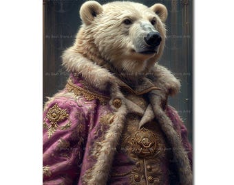 Royal Polar Bear Art Print - Fantasy Cottagecore Wall Decor, Whimsical Gothic Picture, Winter Animal Poster