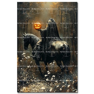 Cottagecore Headless Horseman Art Print - Fantasy Decor, Halloween Spooky, Gothic Folklore, Macabre Horror Wall Art, Autumn Ghost