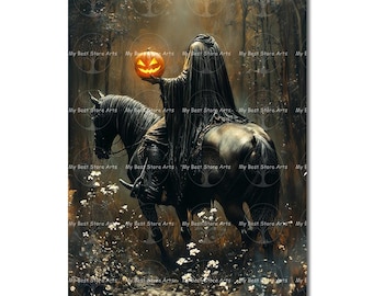 Cottagecore Headless Horseman Art Print - Fantasy Decor, Halloween Spooky, Gothic Folklore, Macabre Horror Wall Art, Autumn Ghost