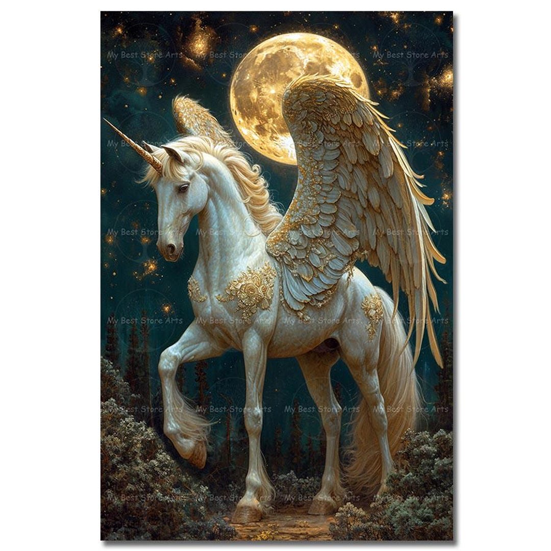 Golden Pegasus Unicorn Art Print - Fantasy Wall Decor, Folklore ...