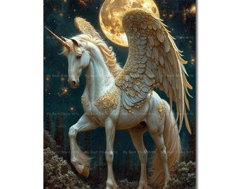 Golden Pegasus Unicorn Art Print - Fantasy Wall Decor, Folklore Fairytale Horse Picture, Gothic Whimsical Cottagecore Poster