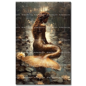 Golden Mermaid Art Print - Cottagecore Fantasy Wall Decor, Fairytale Pond, Celestial Siren Poster, Moody Gothic Picture