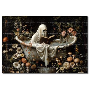 Ghost Bathtub Art Print - Witchy Dark Academia, Halloween Decor, Cottagecore Bathroom Picture, Occult Wall Decor, Cute Witchy Gothic