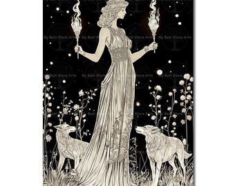 Mystical Hecate Art Print - Witchy Gothic Picture, Folklore Wolf Dogs Wall Decor, Dark Academia Poster, Witchcraft Goddess, Pagan Decor