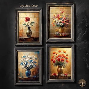 Flowers in Vase Art Print - Floral Gift Wall Decor, Still Life Picture, Moody Cute Whimsical Poster, Kitchen Livingroom Bedroom Decor, S012
