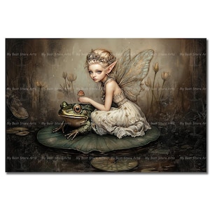 Frog and Fairy Art Print - Cottagecore Poster, Whimsical Picture, Cute Decor, Fairytale Animal Art, Gothic Moody Portrait