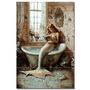 Victorian Mermaid in Bathtub Art Print - Fantasy Siren Wall Decor, Reading Picture, Bathroom Decor, Fairytale Nymph, Antique-Themed