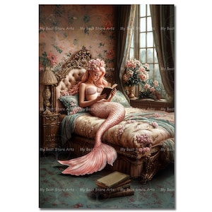 Pink Mermaid in Bedroom Art Print - Fantasy Victorian Mermaid Decor, Reading Picture, Whimsical Decor, Fairytale Nymph, Antique-Themed