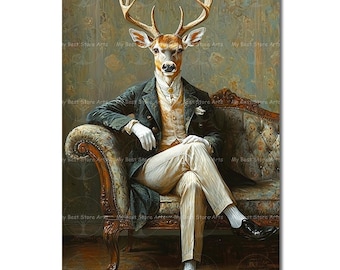 Deer Gentleman Art Print | Fantasy Wildlife Decor | Whimsical Gothic Victorian Stag Poster | Moody Cottagecore Animal Portrait