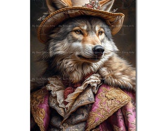 Elegant Wolf Art Print - Fantasy Victorian Animal Poster, Gothic Cottagecore Wall Decor, Whimsical Picture