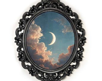 Lunar Crescent Canvas Decor- Hand-Painted Wooden Frame, Celestial Moon Clouds Wall Art, Mystical Sky Oval Decor