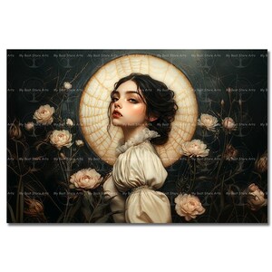 Victorian Vampire Art Print - Fantasy Gothic, Witchy Moon Picture, Flowers Spiderweb Wall Decor, Dark Academia Halloween Poster