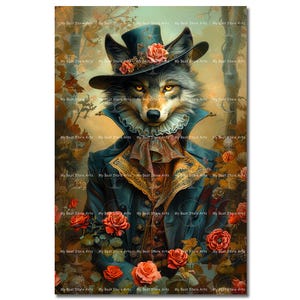 Fancy Rose Wolf Art Print - Fantasy Animal Poster, Whimsical Gothic Picture, Dark Academia Cottagecore Wall Decor