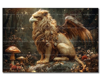 Mystical Griffin Art Print - Fantasy Decor, Lion Eagle Folklore Fairytale, Gothic Whimsical, Cottagecore Poster