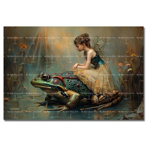 Fairy and Frog Art Print - Fantasy Cottagecore Picture, Pond Fae Poster, Whimsical Animal Wall Decor, Cute Celestial Pixie, Folklore