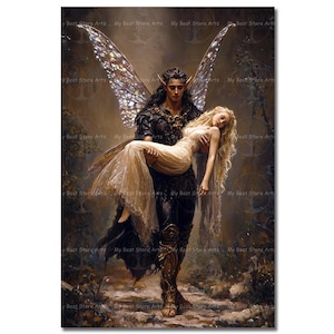 Mystical Fae and Lady Art Print - Gothic Fairytale Picture, Romantic Valentines Decor, Moody Fantasy Fairy Gift, Enchanted Cottagecore