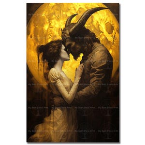 Satyr and Woman Art - Romantic Gothic Demon Wall Decor, Fantasy Dark Academia Poster, Moody Picture
