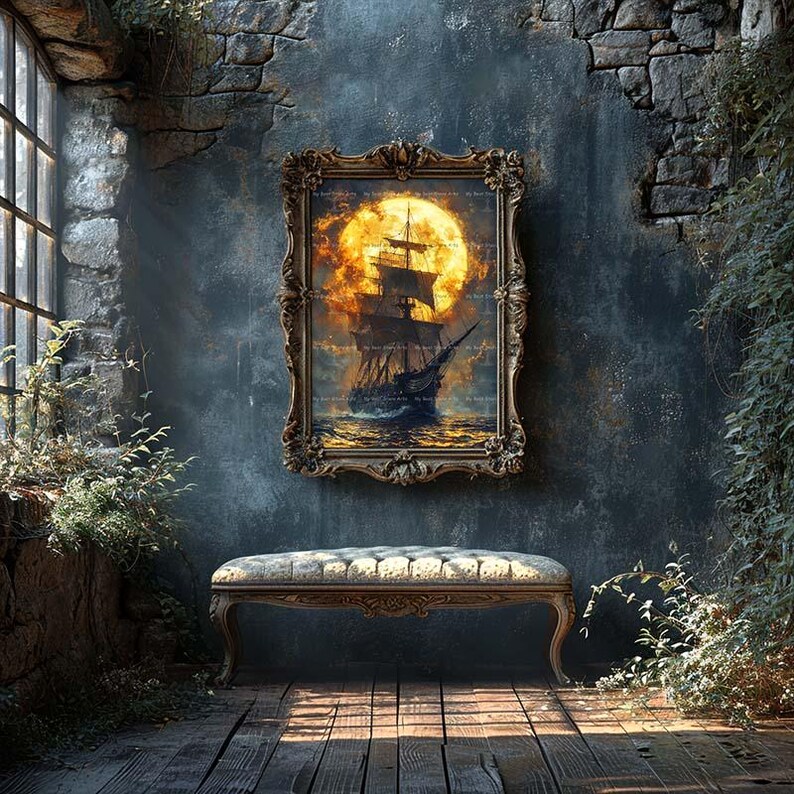 Pirate Ship Moon Art Print Dark Academia Poster, Gothic Pirate Wall