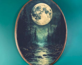 May include: Oval-shaped painting depicting a full moon over a dark forest and river scene. The moon is a bright, textured sphere, casting light on the water and trees. The artwork has a dark, moody aesthetic with a wooden frame.