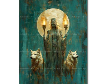 Hecate Art Print - Witchy Gothic Picture, Folklore Wolf Dogs Wall Decor, Occult Dark Academia Poster, Witchcraft Goddess, Pagan Decor