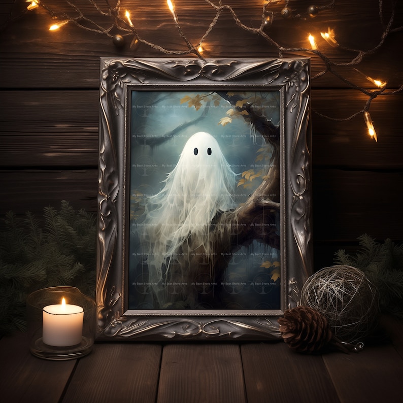Cute Ghost in Tree Art Print - Gothic Dark Academia Poster, Halloween ...
