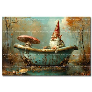 Lucky Gnome Bathtub Art Print - Fantasy Cottagecore Picture, Cute Fairy Forest Poster, Funny Whimsical Mushroom Wall Decor, Folklore