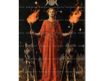 Hecate Greek Goddess Art Print - Gothic Triple Moon Picture, Folklore Witch Decor, Lunar Witchcraft Pagan Poster, Wheel of Hekate